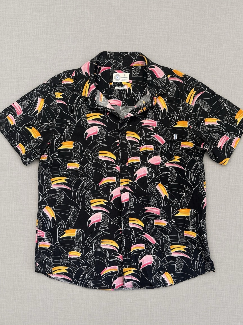 Hurley Black Short-Sleeve Button-Down with Pink & Yellow Toucan Motif